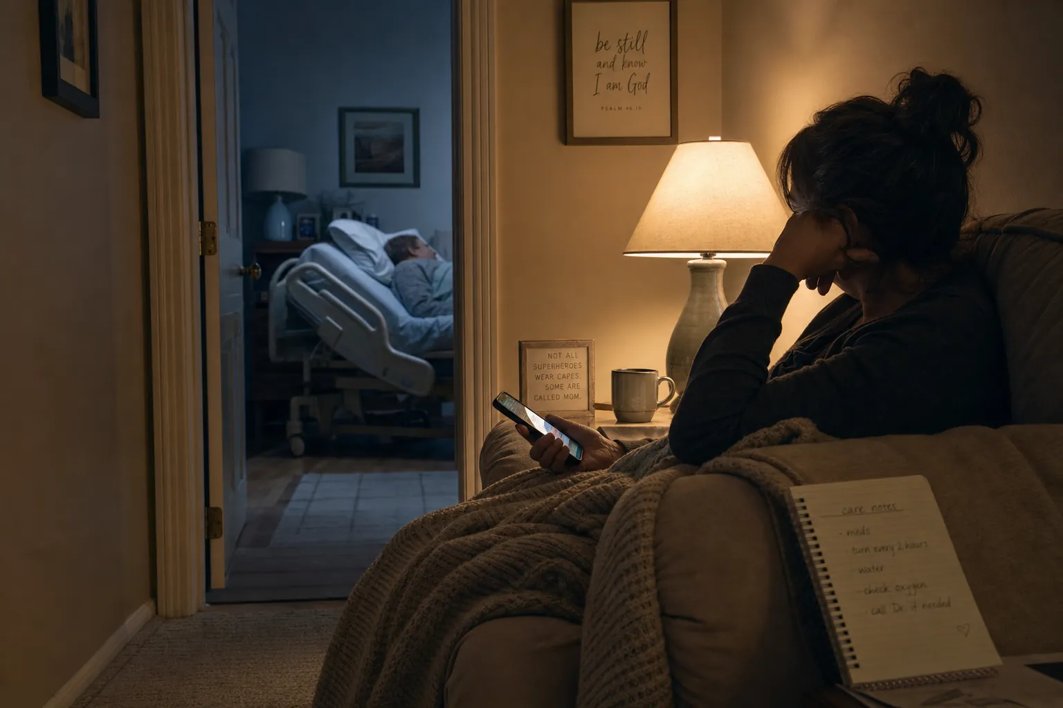 A woman sits awake on a sofa at night near a patient sleeping in a hospital bed