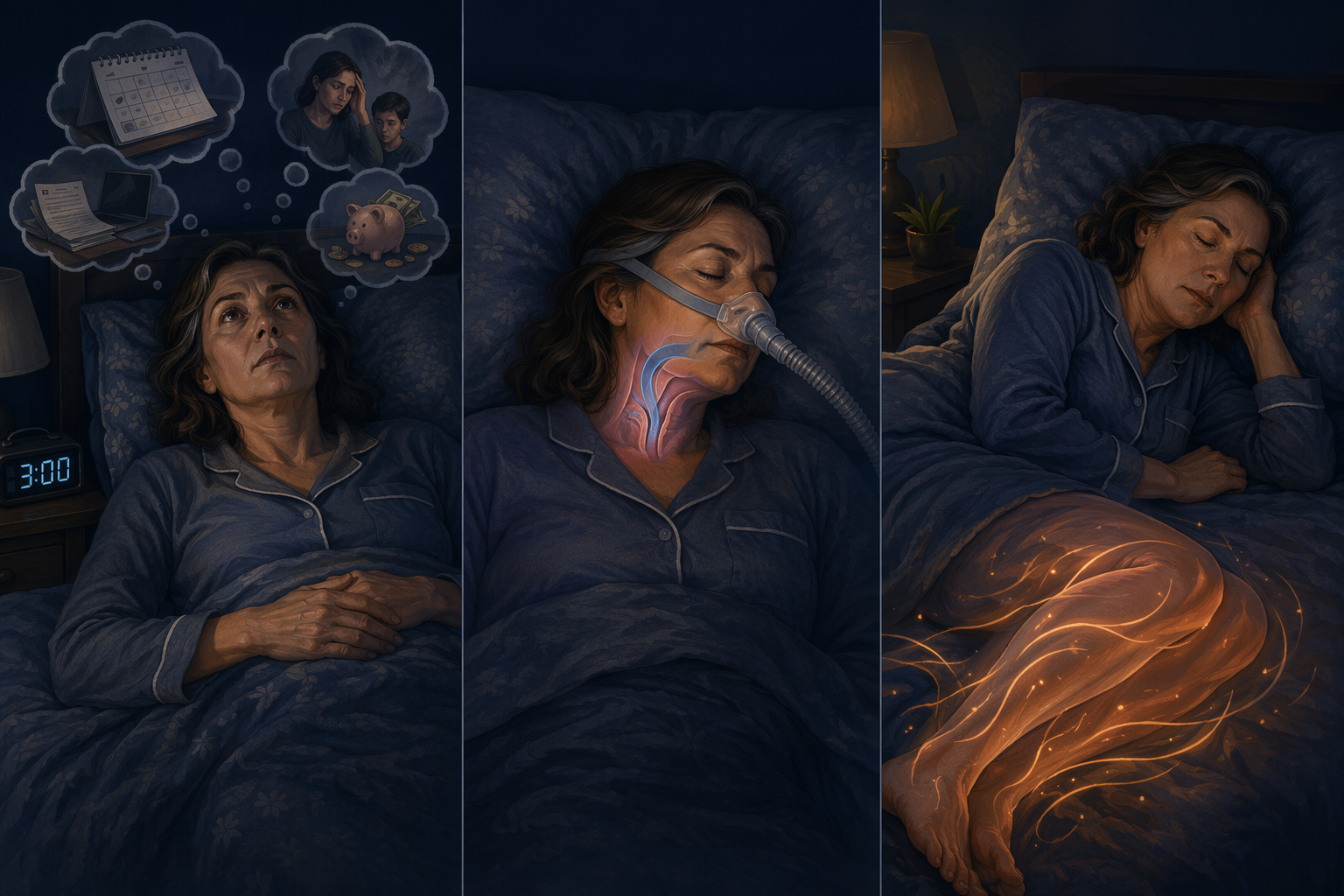 A three-panel triptych editorial illustration comparing three sleep conditions. Left panel shows a woman lying awake with a clock at 3:00 AM and thought bubbles for insomnia. Middle panel shows a woman sleeping with subtle blue airflow restriction around the throat for sleep apnea. Right panel shows a woman sleeping with warm glowing swirls around her legs for restless legs syndrome.