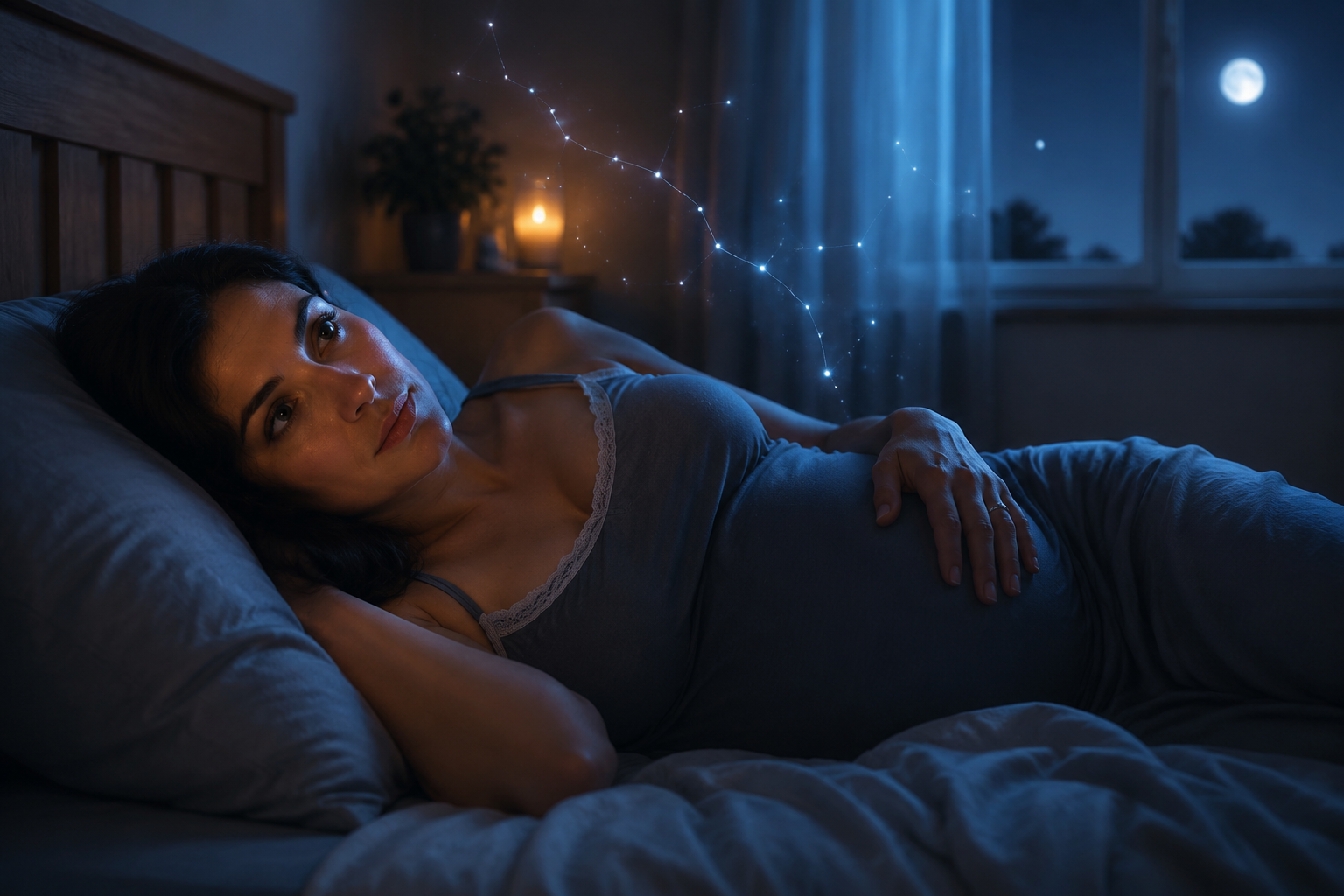 Pregnant woman lying awake at night with soft glowing particles suggesting natural melatonin pathways