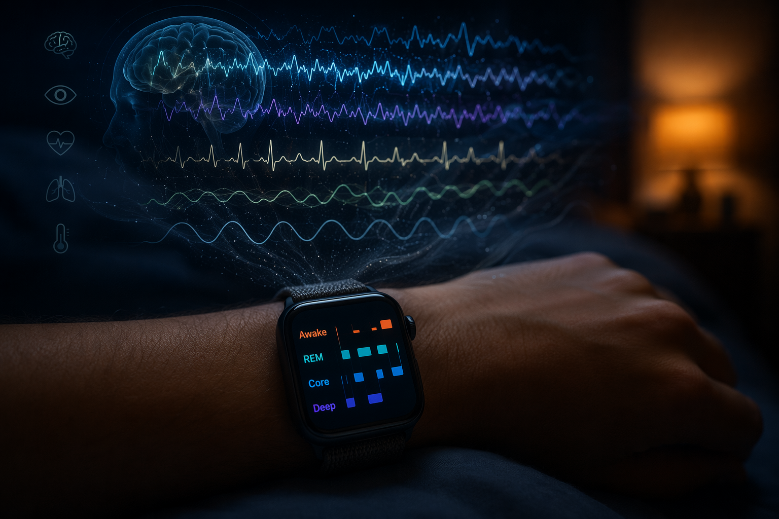 Apple Watch sleep stage display surrounded by clinical brain-wave and sensor patterns
