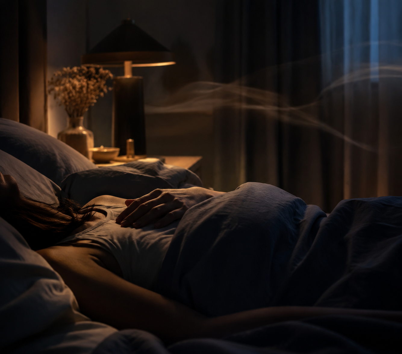 A person lying calmly in bed with one hand on the abdomen while practicing slow breathing