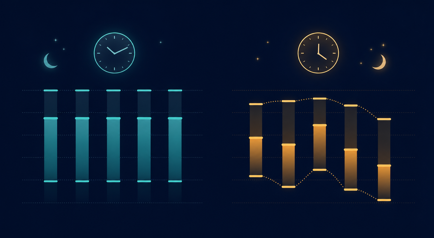 A split editorial illustration comparing regular versus irregular sleep patterns. The left side shows neatly aligned teal bars representing consistent bed and wake times across days. The right side shows scattered amber bars at varying heights representing erratic sleep timing, with dotted lines highlighting the variability.
