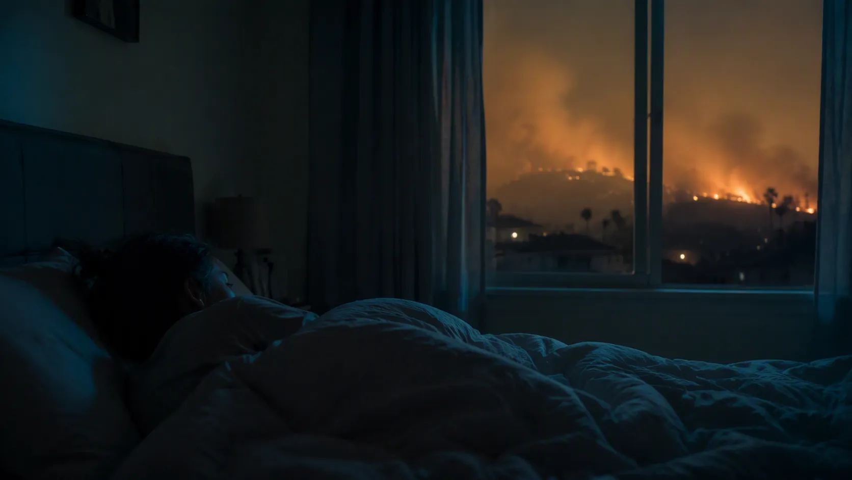 A person lying awake in a dim bedroom while wildfire smoke hazes the night outside the window