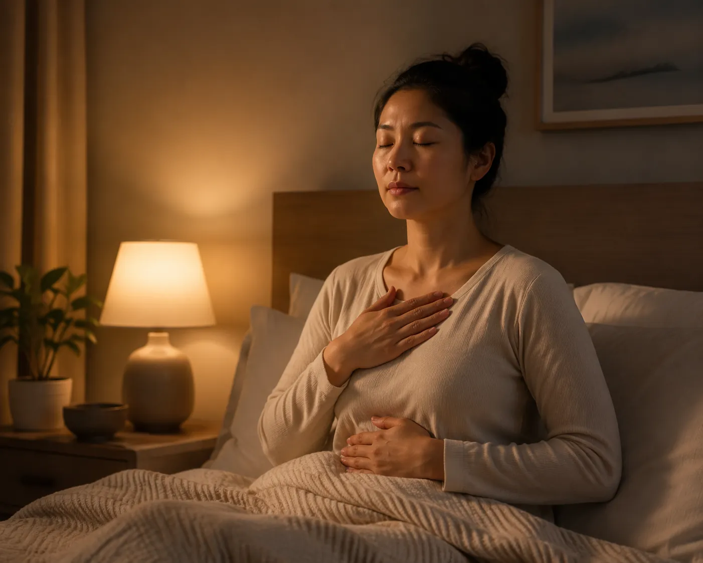 Person sitting in bed practicing slow paced breathing with one hand on the chest