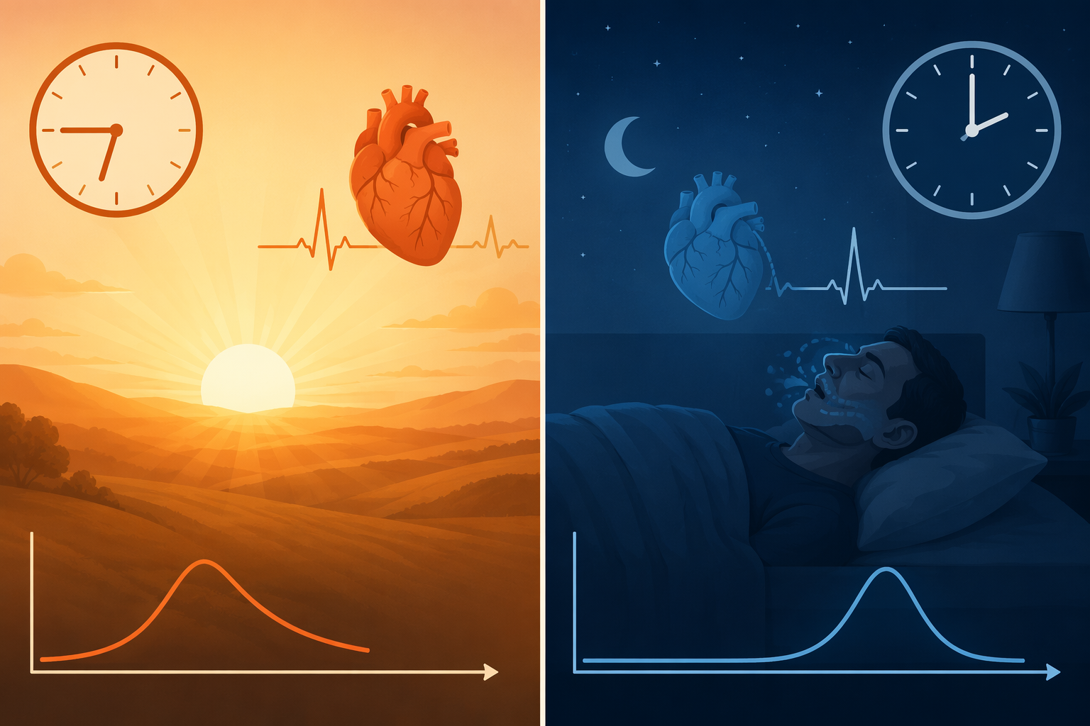 Split illustration comparing a morning heart attack risk peak in the general population with a nighttime vulnerability pattern in people with sleep apnea