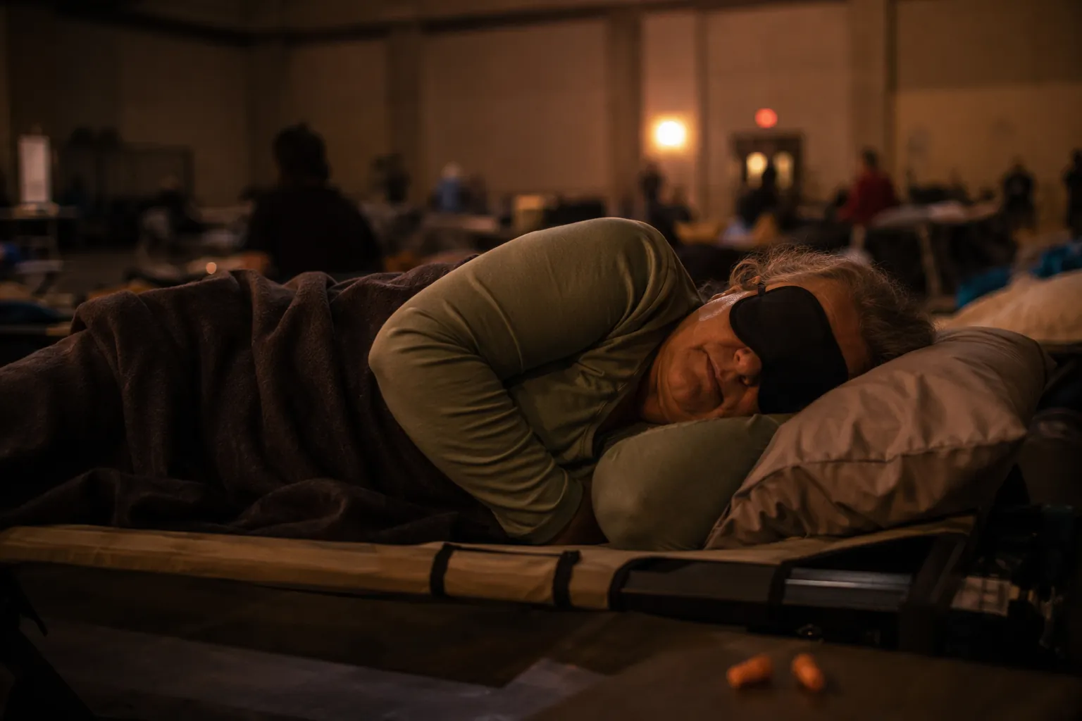 A person resting on a cot in a dim community shelter with an eye mask and earplugs nearby