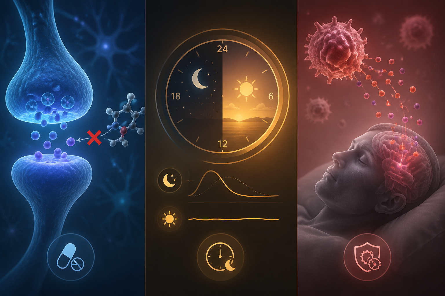 Three biological pathways linking cancer treatment to sleep disruption: medication and neurotransmitter effects, circadian rhythm changes, and immune cytokine signaling