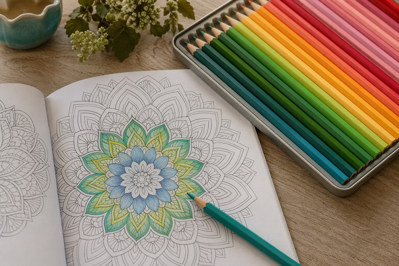 Open mandala coloring book with blue and green pencils arranged beside it
