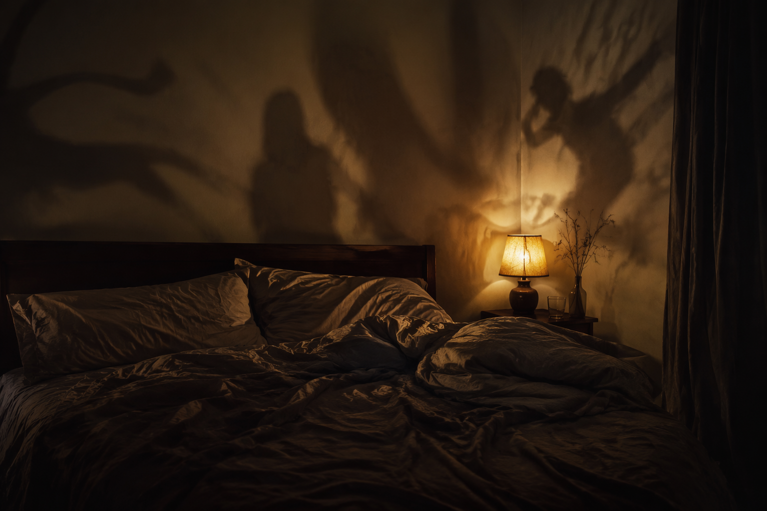 A dim bedroom with an empty rumpled bed and shadowy dream-like shapes on the wall