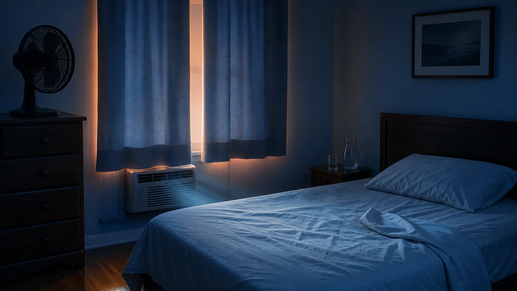 Bedroom prepared for extreme heat with air conditioning, drawn curtains, a fan, water, and a light sheet