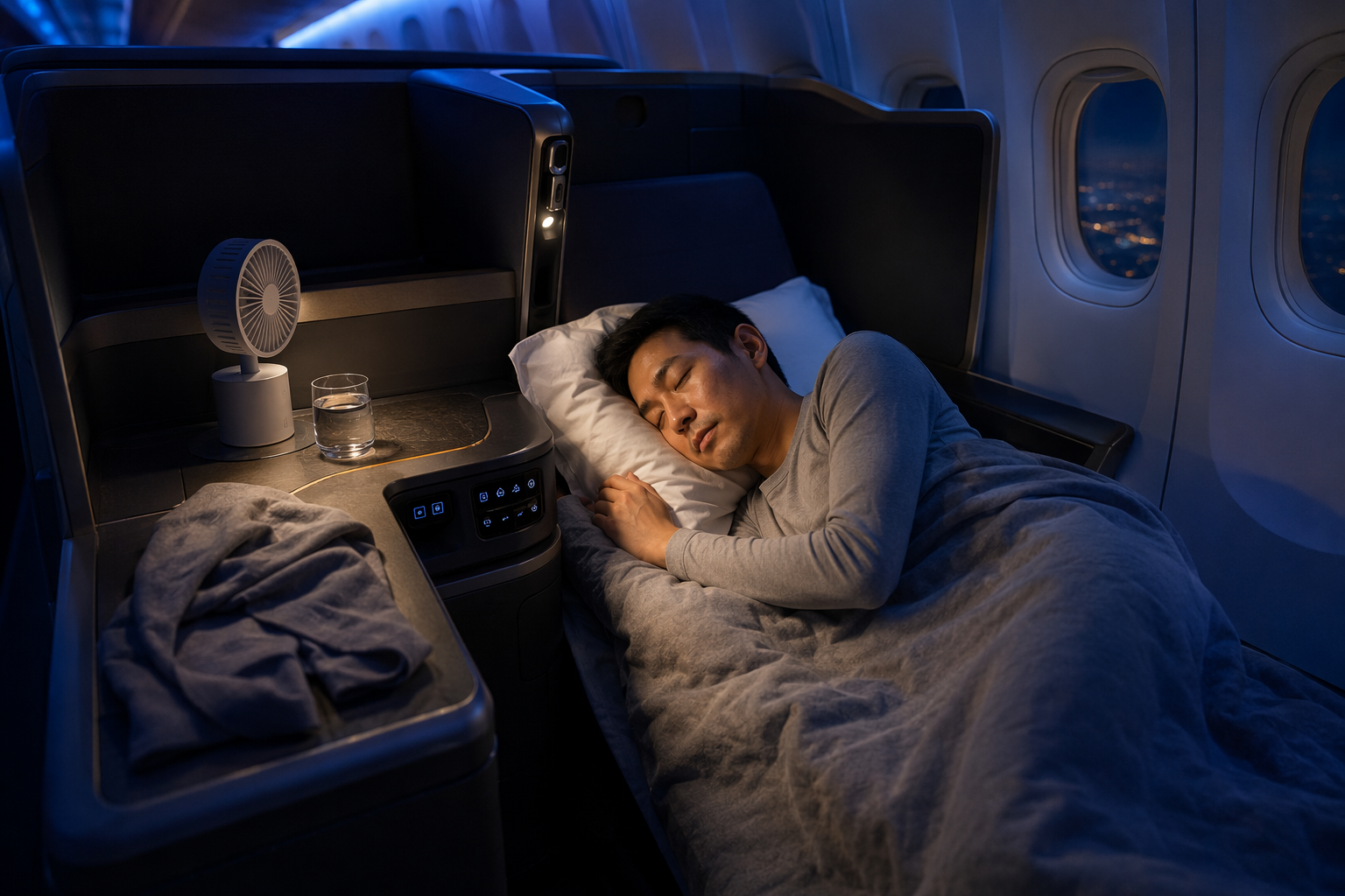 Passenger resting on a lie-flat business-class seat with a USB fan, thin cardigan, pillow, and blanket arranged for sleep