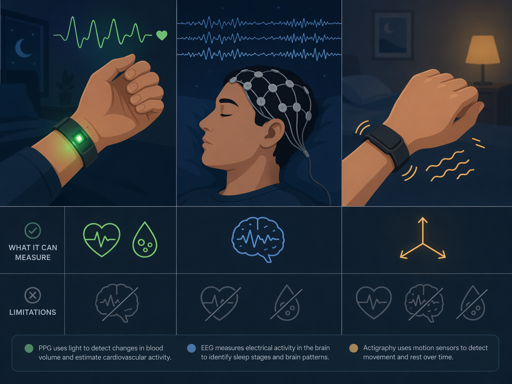 A flat vector illustration comparing three sleep sensor technologies: PPG shown as a wrist with green LED light, EEG shown as a head with brainwave lines, and actigraphy shown as motion-squiggle lines.