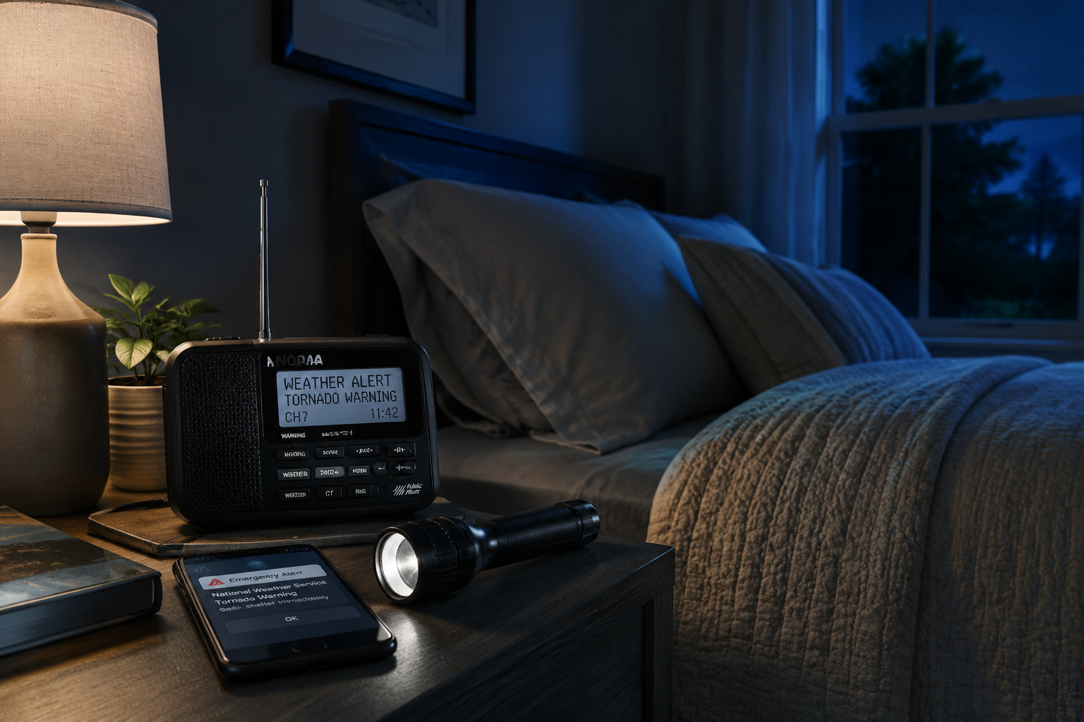 A nighttime bedroom setup with a NOAA weather radio, a smartphone weather alert, and a flashlight within reach of a made bed.