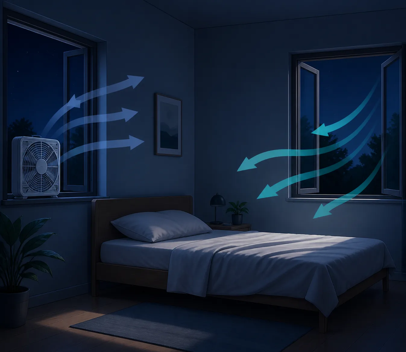 Illustration of a bedroom with one fan blowing hot air out of a window while cooler air enters through another window