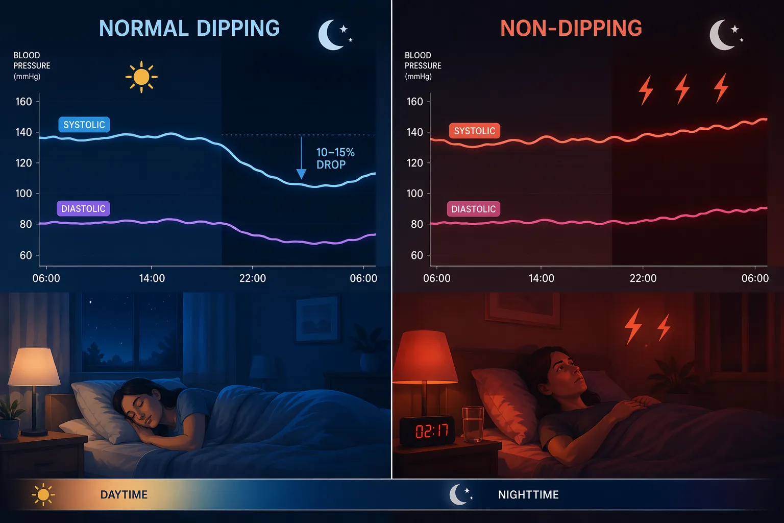 Comparison of normal nocturnal blood pressure dipping and non-dipping in perimenopause over a 24-hour timeline
