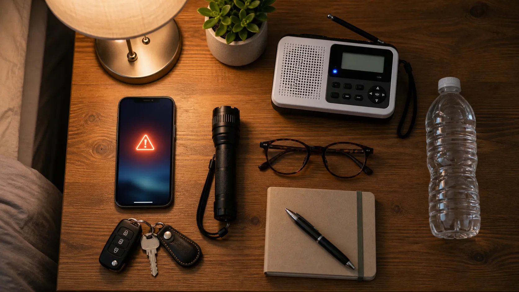 Bedside preparedness setup with phone alert, NOAA weather radio, flashlight, water, keys, and notebook