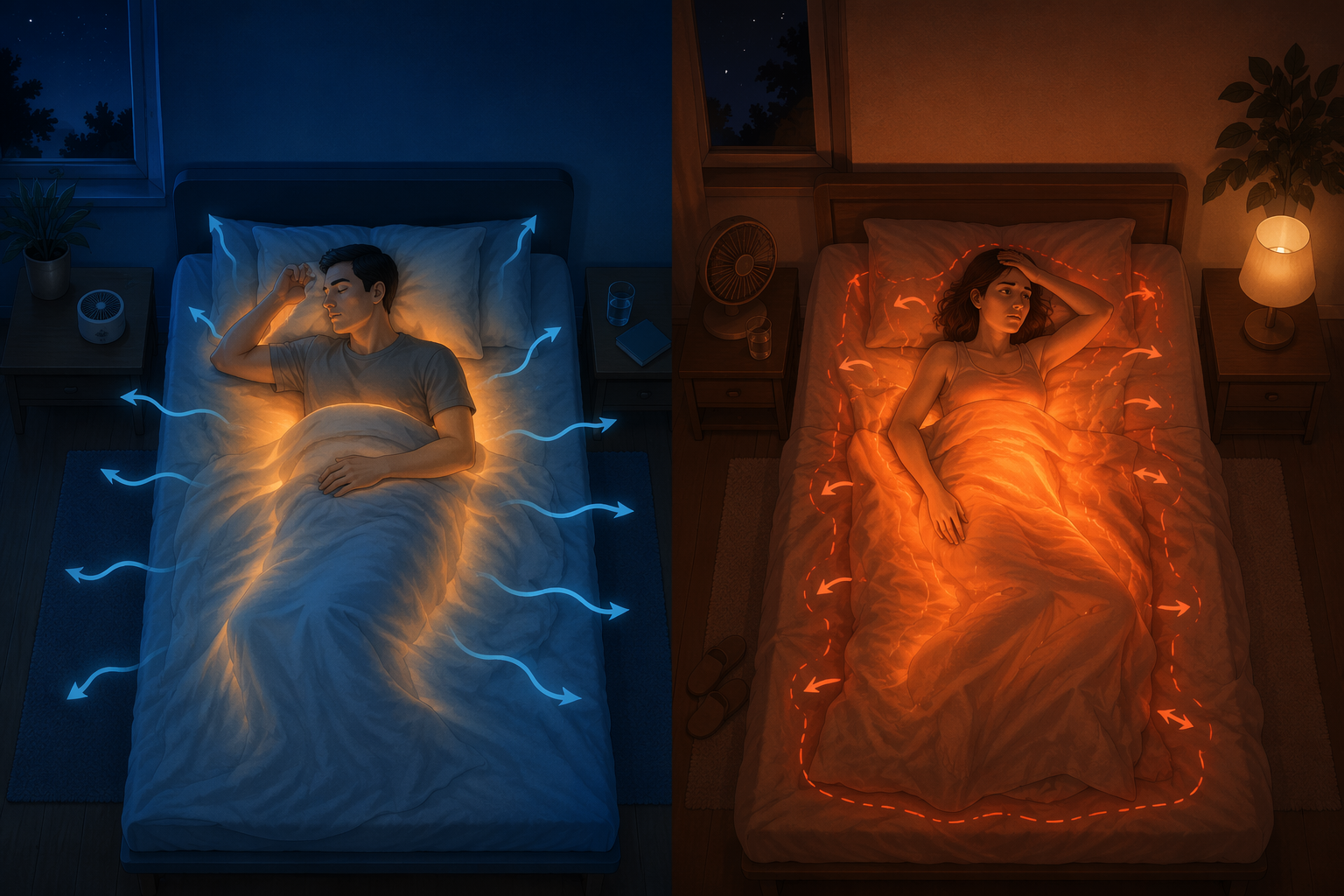 Illustration contrasting a cool sleeping body releasing heat with a hot restless body unable to dissipate heat