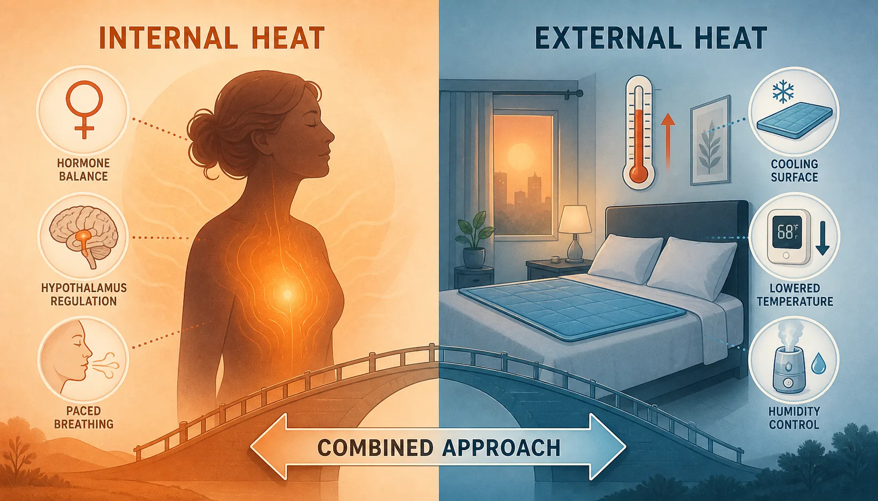 Split illustration comparing internal menopausal heat triggers with external bedroom heat controls