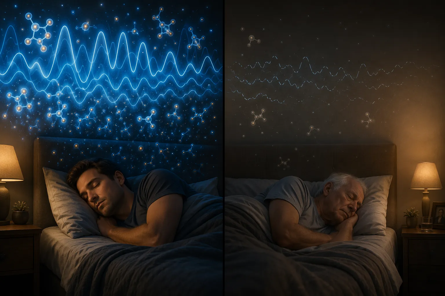 Side-by-side comparison of dense young deep sleep and lighter fragmented aging sleep with NAD+ and SIRT1 decline