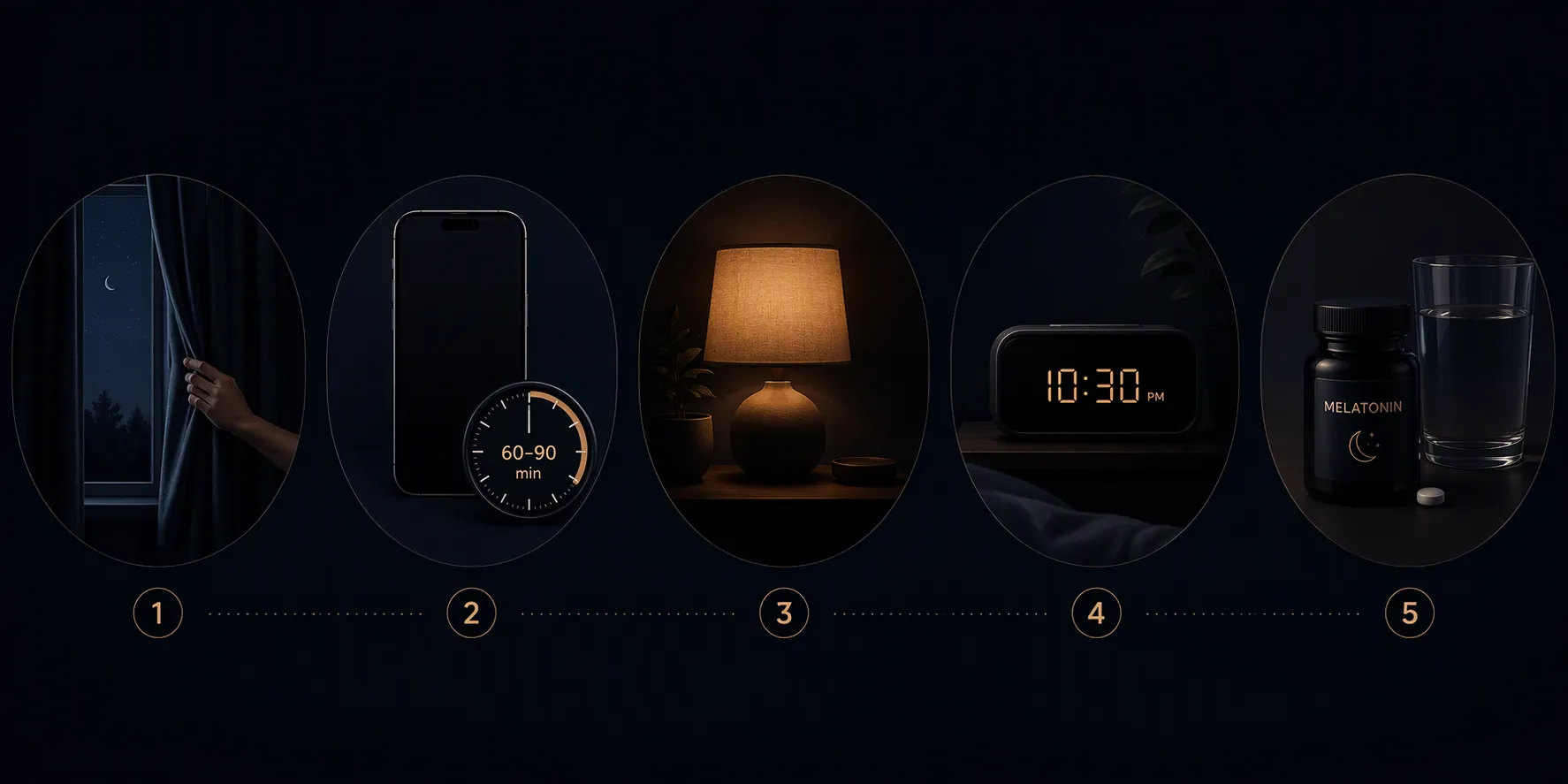 Five-step nighttime sleep protocol with blackout curtains, a dark phone, warm lamp, steady clock, and supplement bottle
