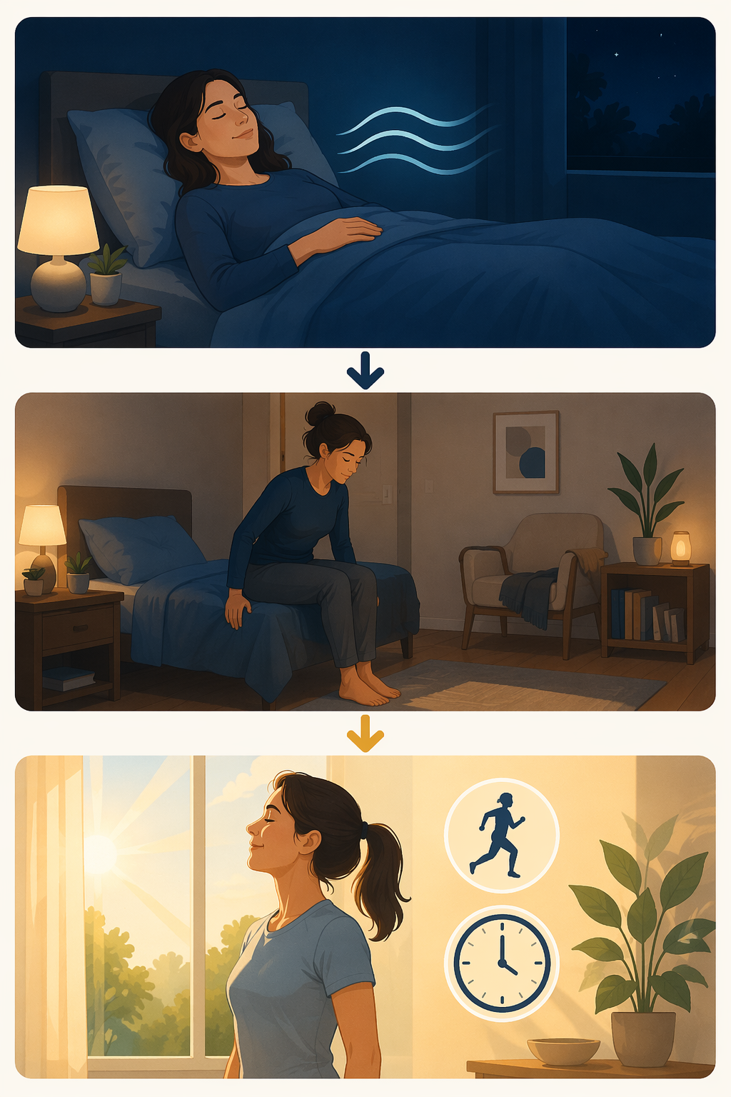 An editorial illustration showing tiers for in-bed relaxation, getting up for a quiet activity, and daytime prevention habits.