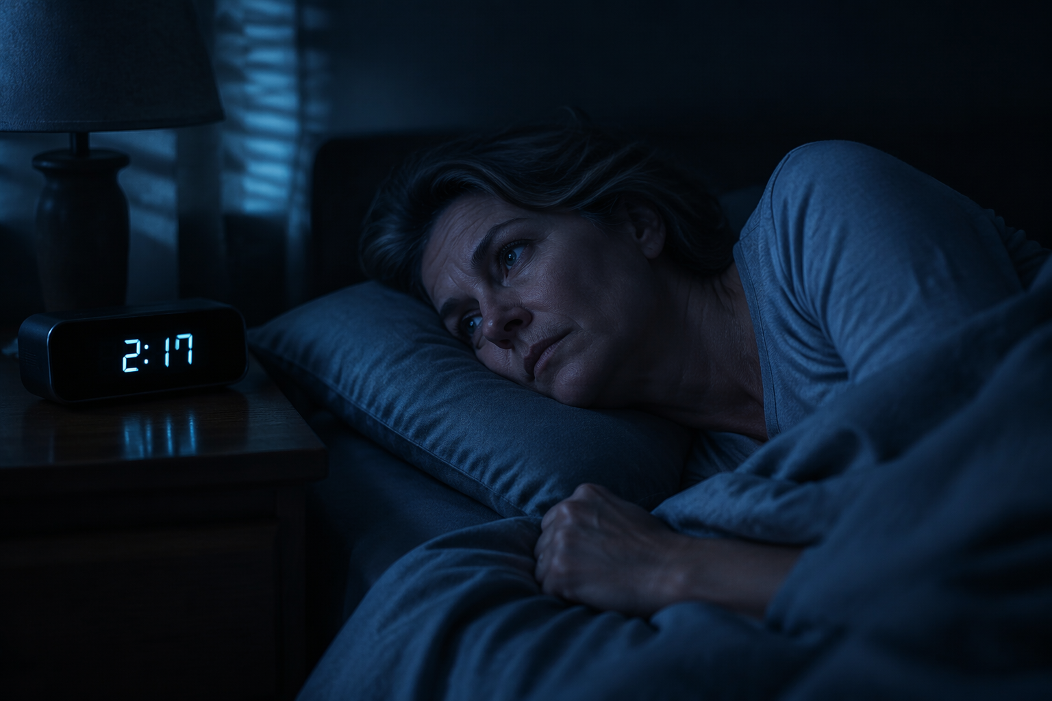 A sleepless person lying awake in a dim bedroom at 2:17 a.m., jaw clenched and hand gripping the sheet.