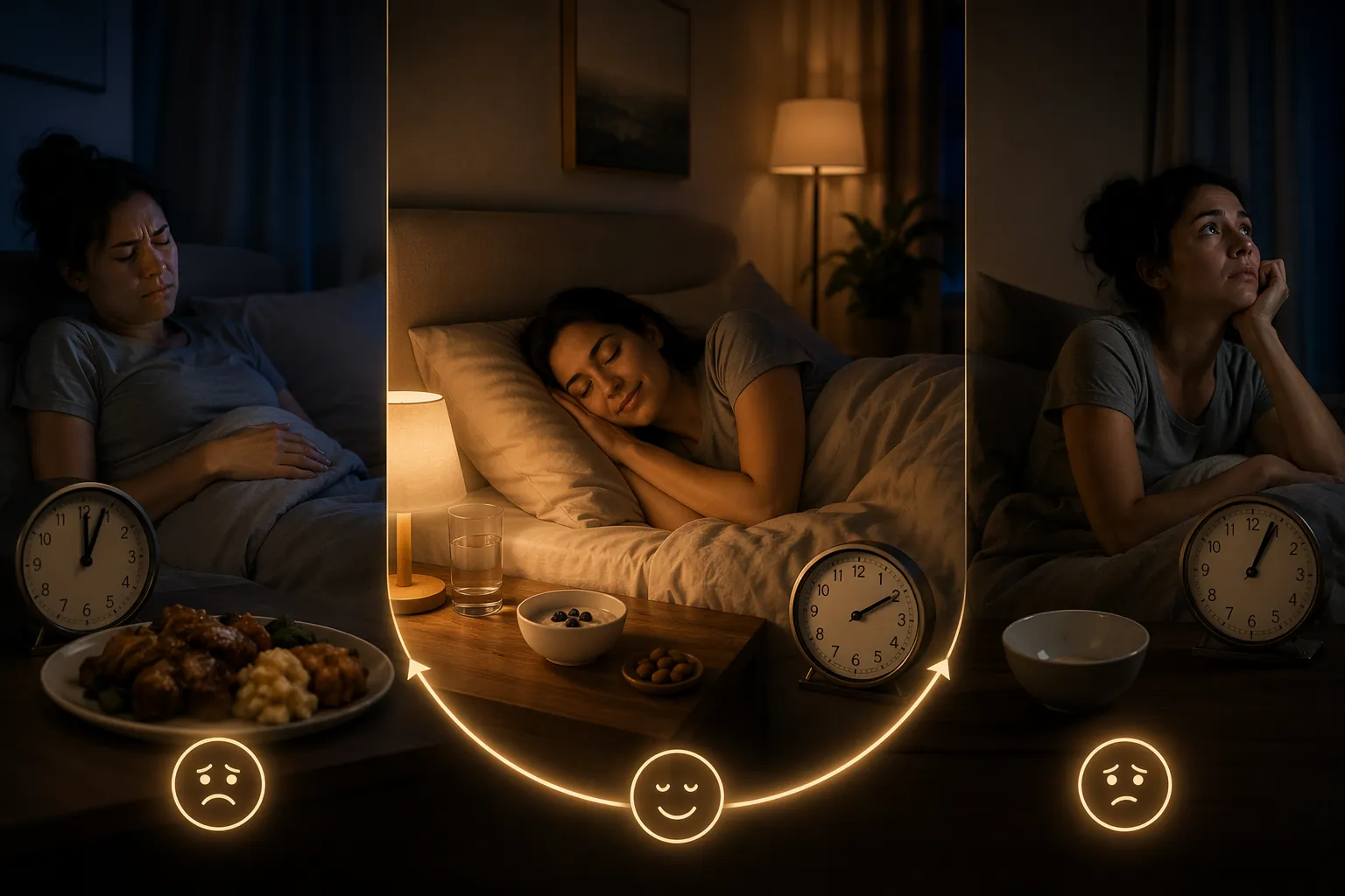 Bedroom scene showing late heavy eating, going to bed hungry, and a balanced light snack option before sleep