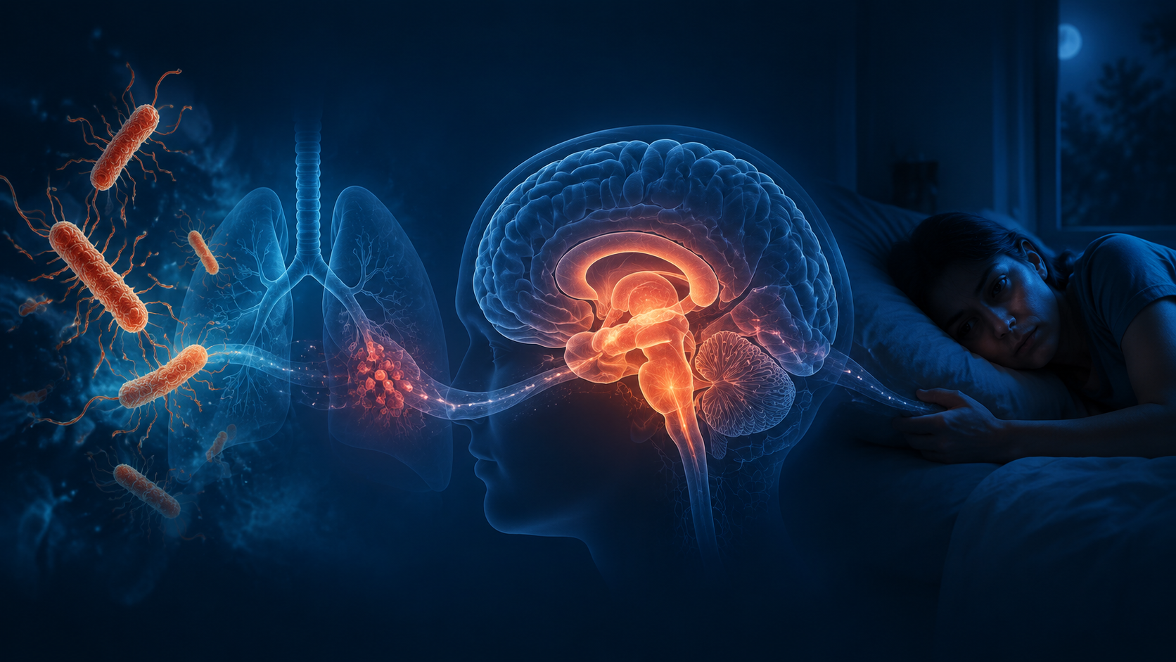Medical illustration showing Legionella infection progressing from lung involvement to brain inflammation and sleep disruption