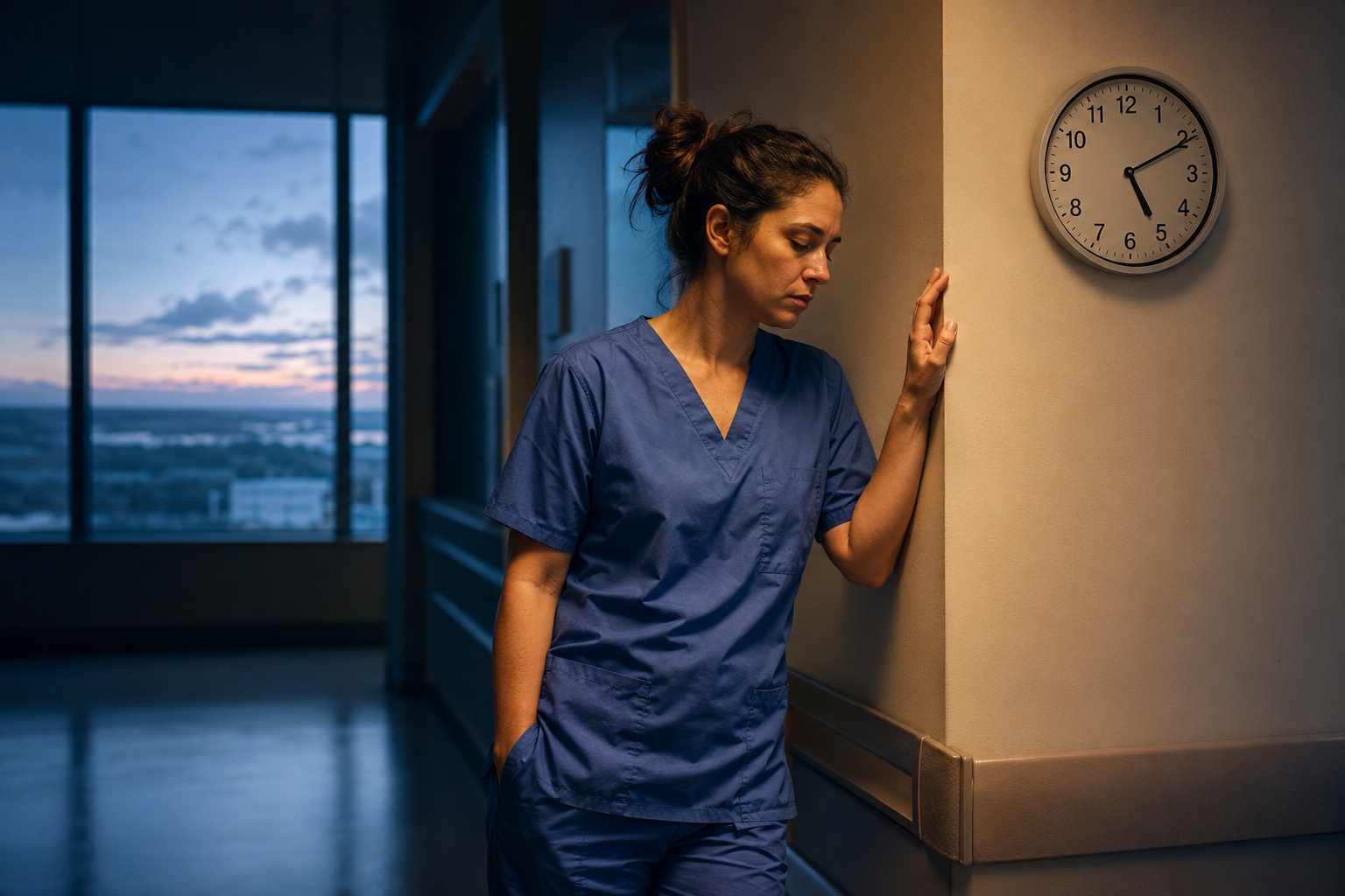A night shift worker in blue scrubs standing in a dim hospital hallway near dawn