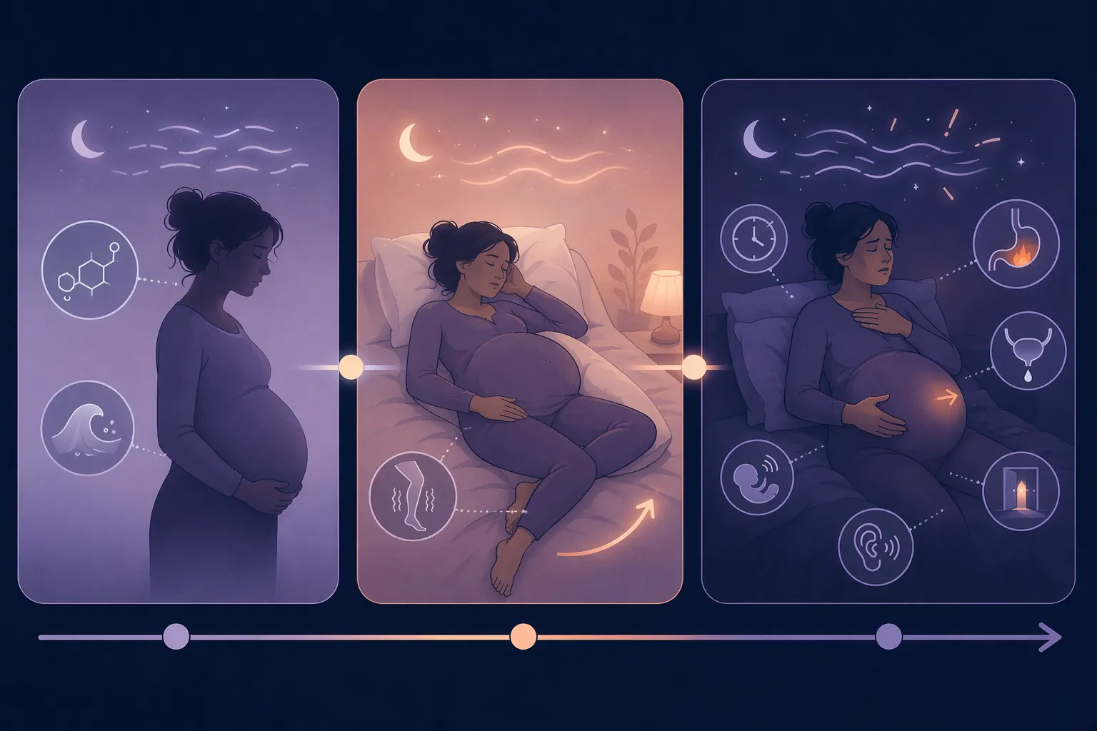 Three-panel illustration of pregnancy sleep changes from progesterone and nausea to restless legs and side sleeping to pressure, reflux, bladder symptoms, and repeated awakenings