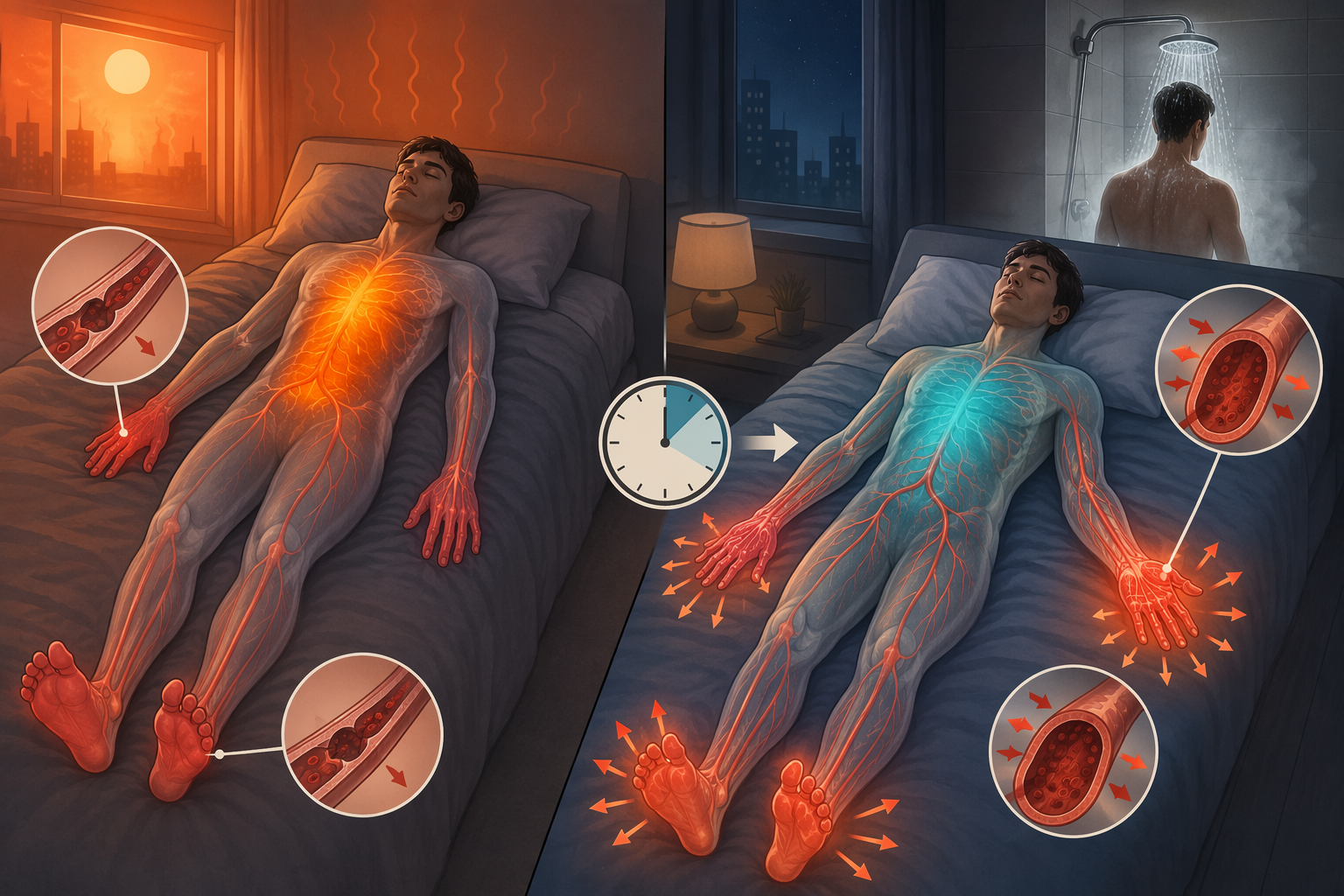 An illustration showing thermoregulation before and after a hot shower with dilated vessels and a cooler core