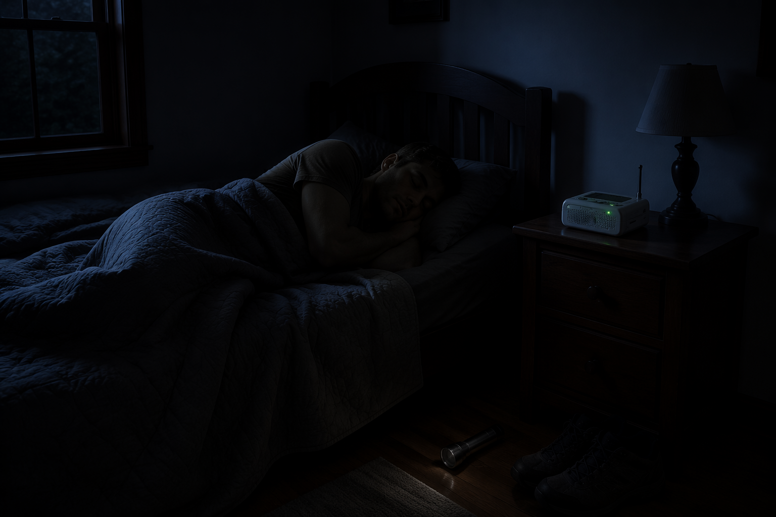 Dark bedroom during a power outage with a NOAA Weather Radio, flashlight, and sturdy shoes near the bed
