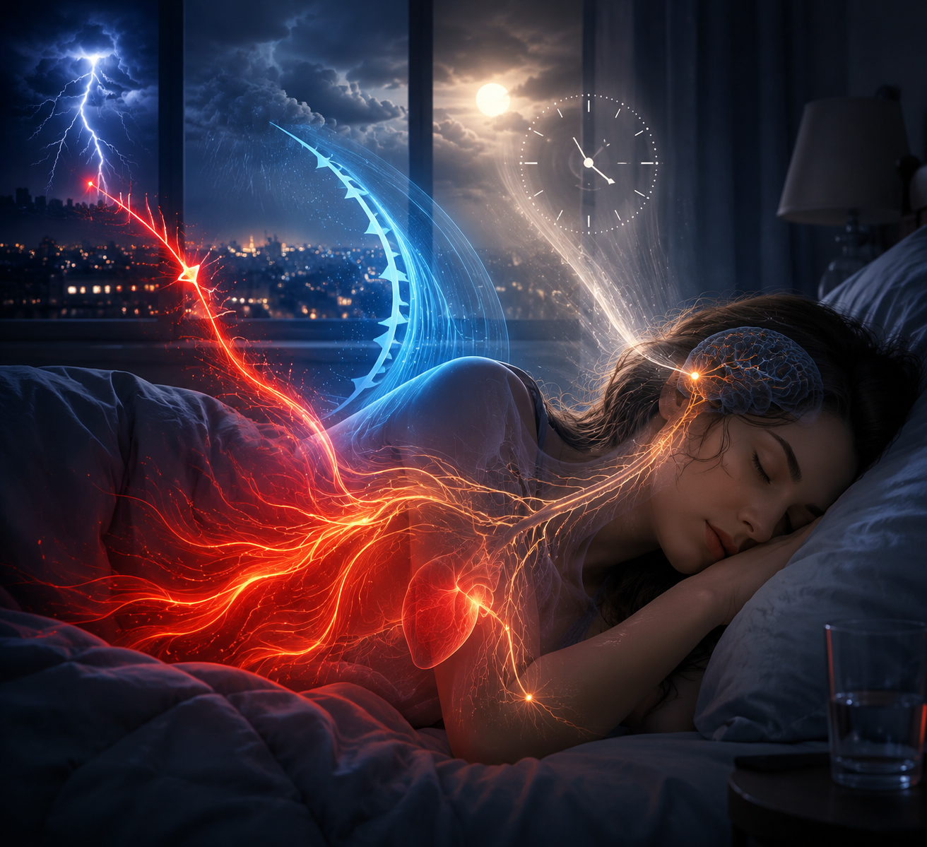 Sleeping body affected by heat, low pressure, dim storm light, and storm-alert nervous system signals