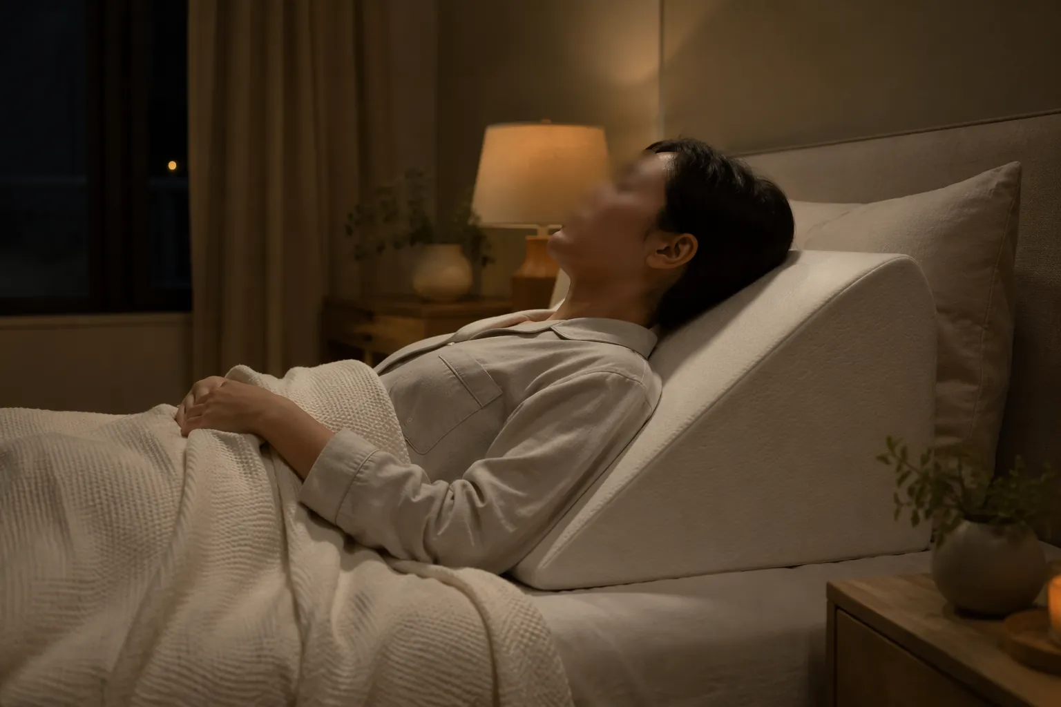 Person lying on their back with head and upper shoulders elevated on a wedge pillow