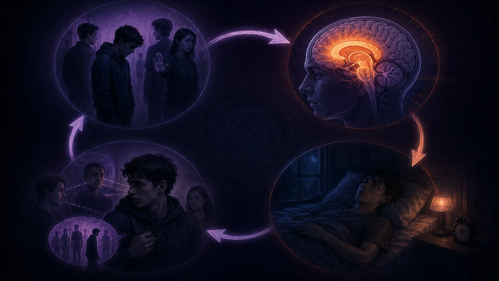 A circular illustration showing rejection, a distressed brain, poor sleep, social threat perception, withdrawal, and renewed exclusion