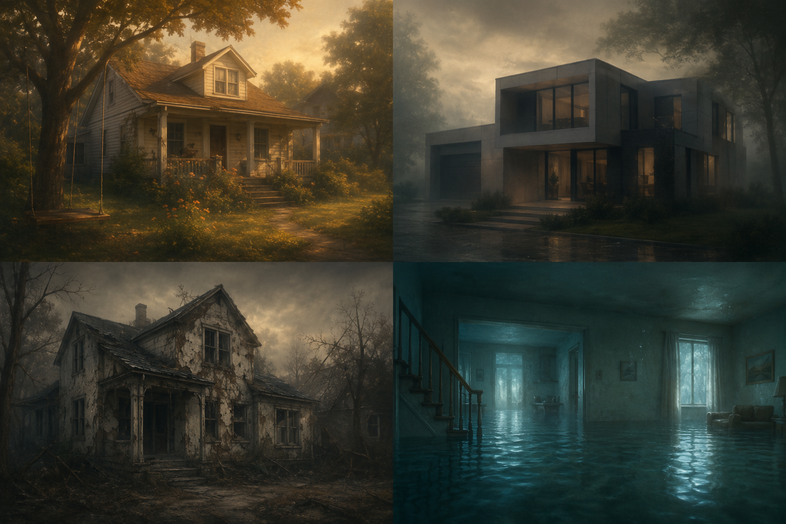 Four dream house scenes showing a childhood home, unfamiliar house, cracked walls, and rising water
