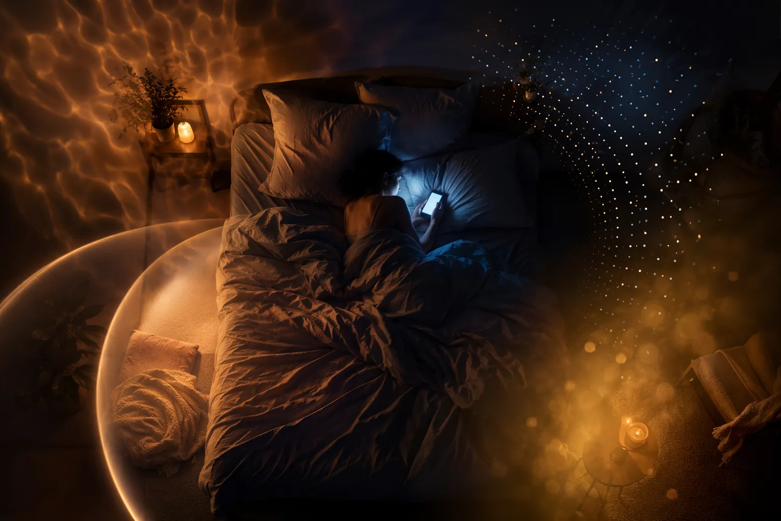 Warm dim bedroom at night with a person in bed lit by a soft screen glow and subtle atmospheric sleep-disruption zones