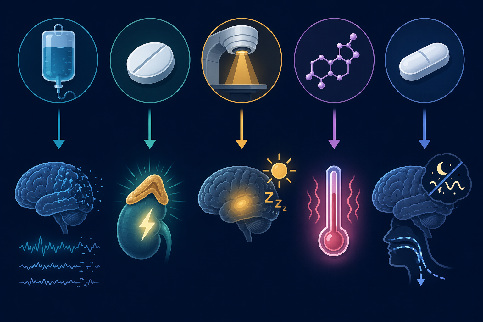 Five cancer treatment icons connected to distinct sleep disruption mechanisms