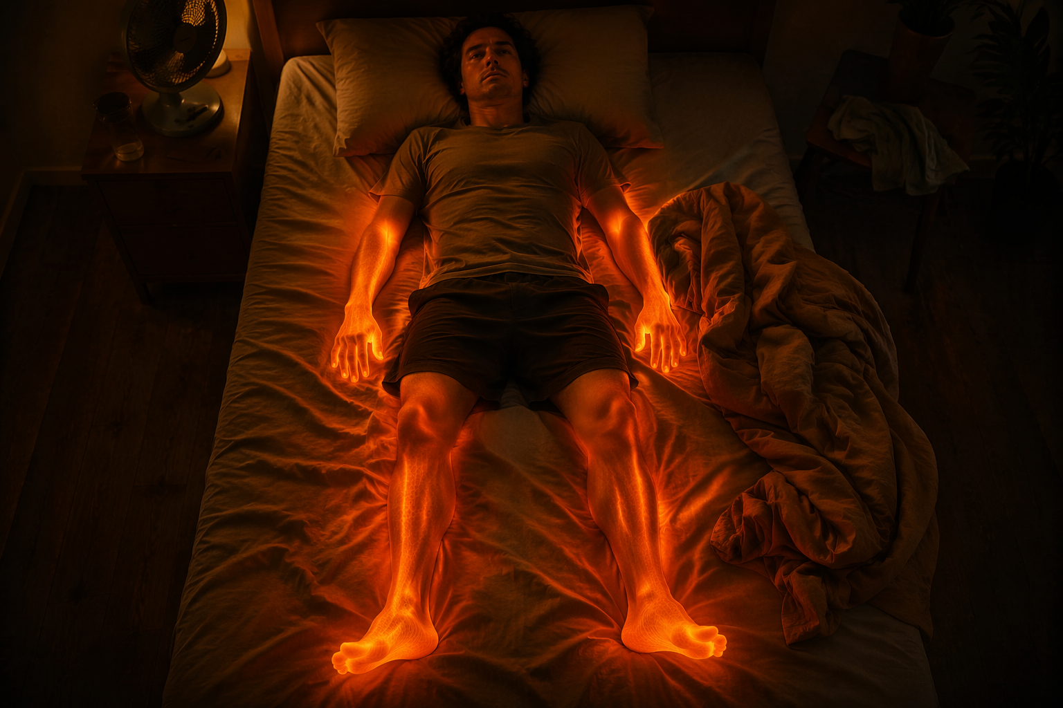 Person lying awake on a warm night with subtle heat glow around the body, hands, and feet