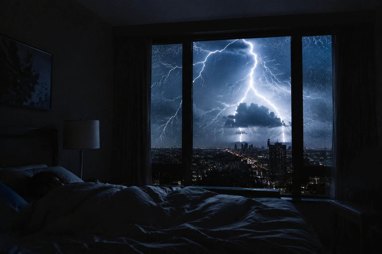 Dark bedroom with a sleeping figure as blue-white lightning flashes through the window
