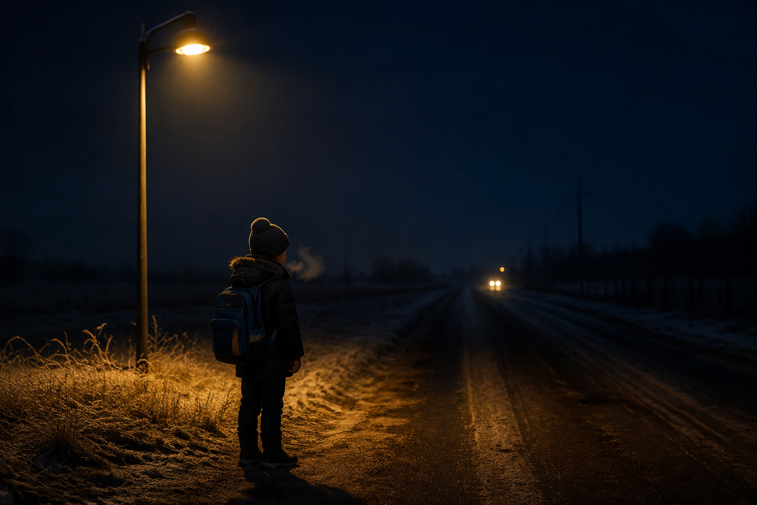 A child waits at a rural school bus stop in pre-dawn winter darkness under a streetlamp.