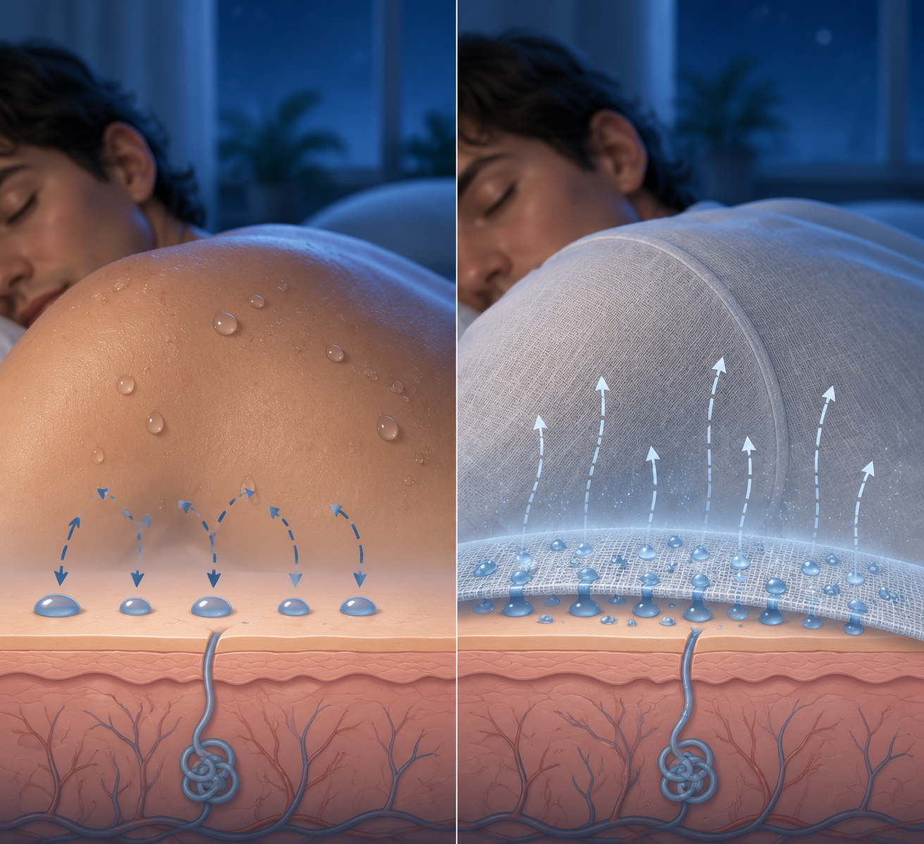 Comparison of naked sleep with sweat sitting on the skin versus light breathable fabric helping moisture evaporate