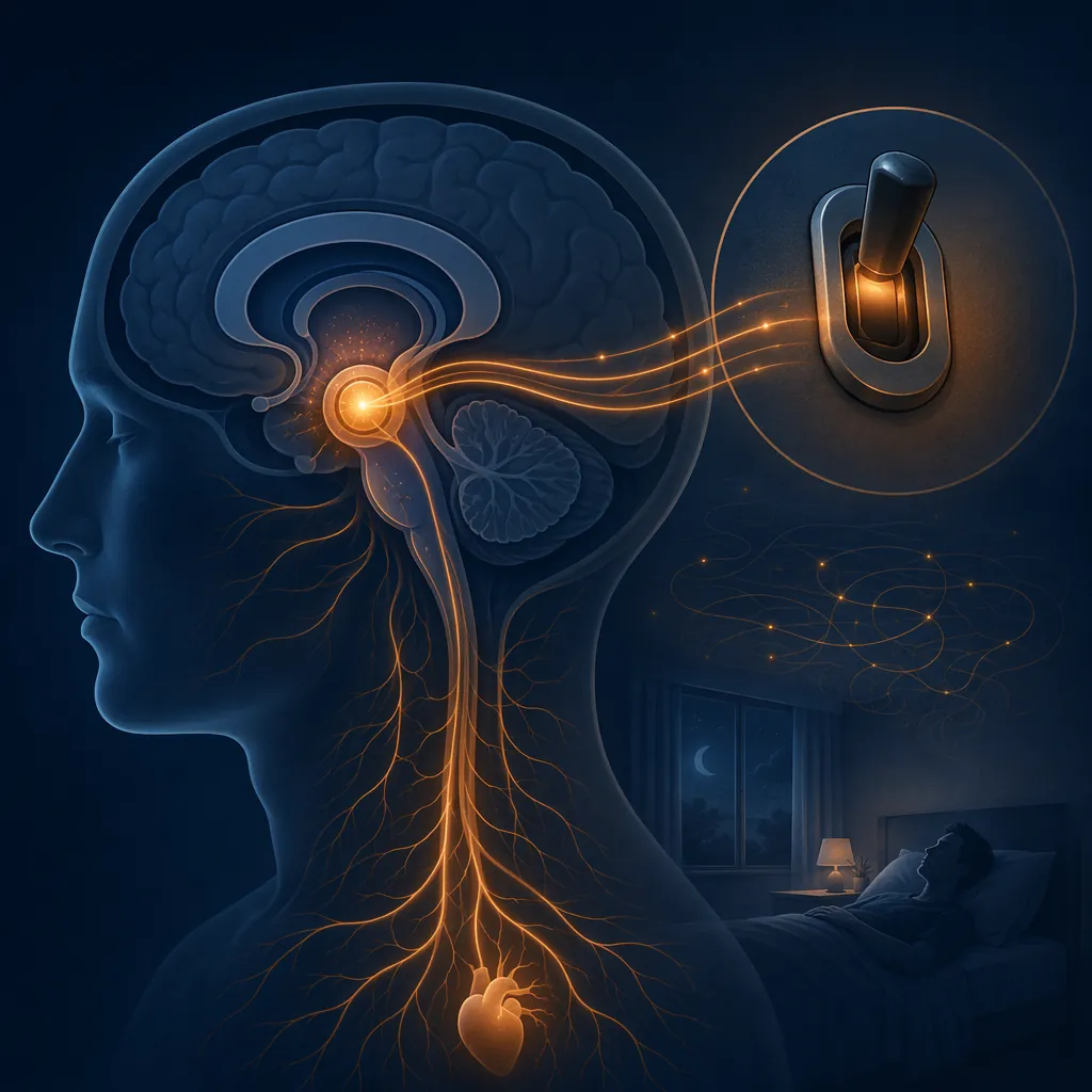 Conceptual brain illustration with an alert signal and a sleep-wake switch stuck on