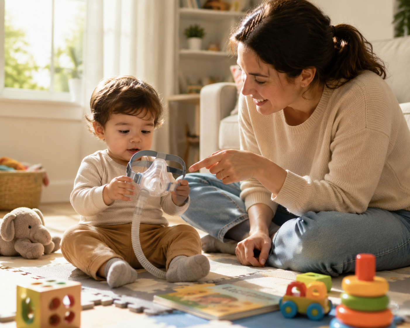 A parent helping a toddler get used to a pediatric CPAP mask during daytime play on a living room floor.