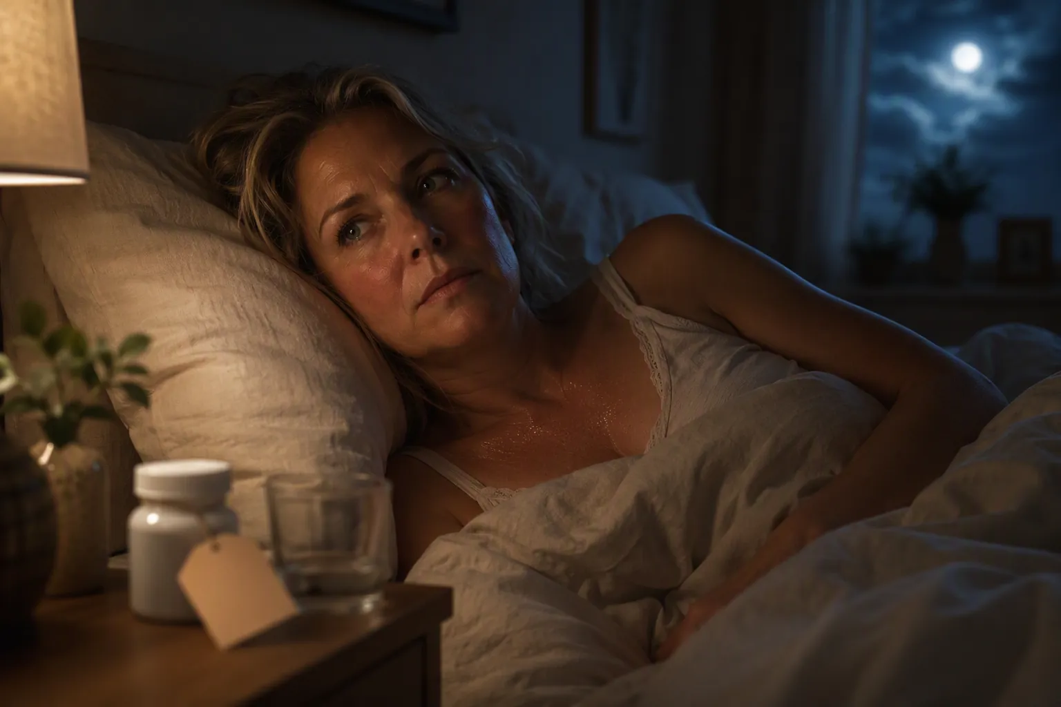 Perimenopausal woman awake in bed with a thyroid medication bottle on the bedside table