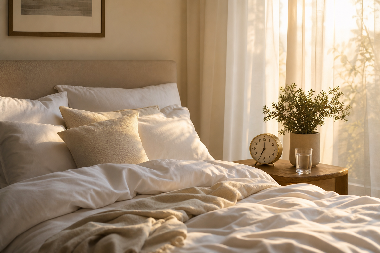 A softly lit bedroom at early dawn with warm light filtering through sheer curtains onto a neatly made bed, with a bedside clock showing approximately 7am.