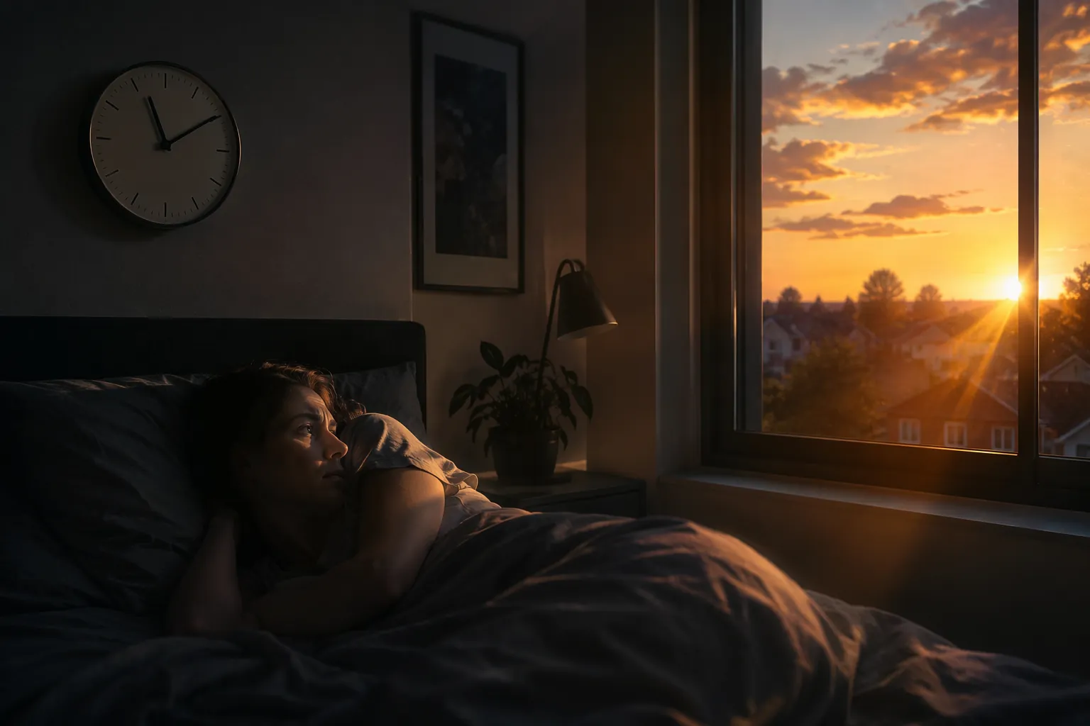Person lying awake in bed while bright evening sunlight enters the bedroom and a wall clock shows a late hour