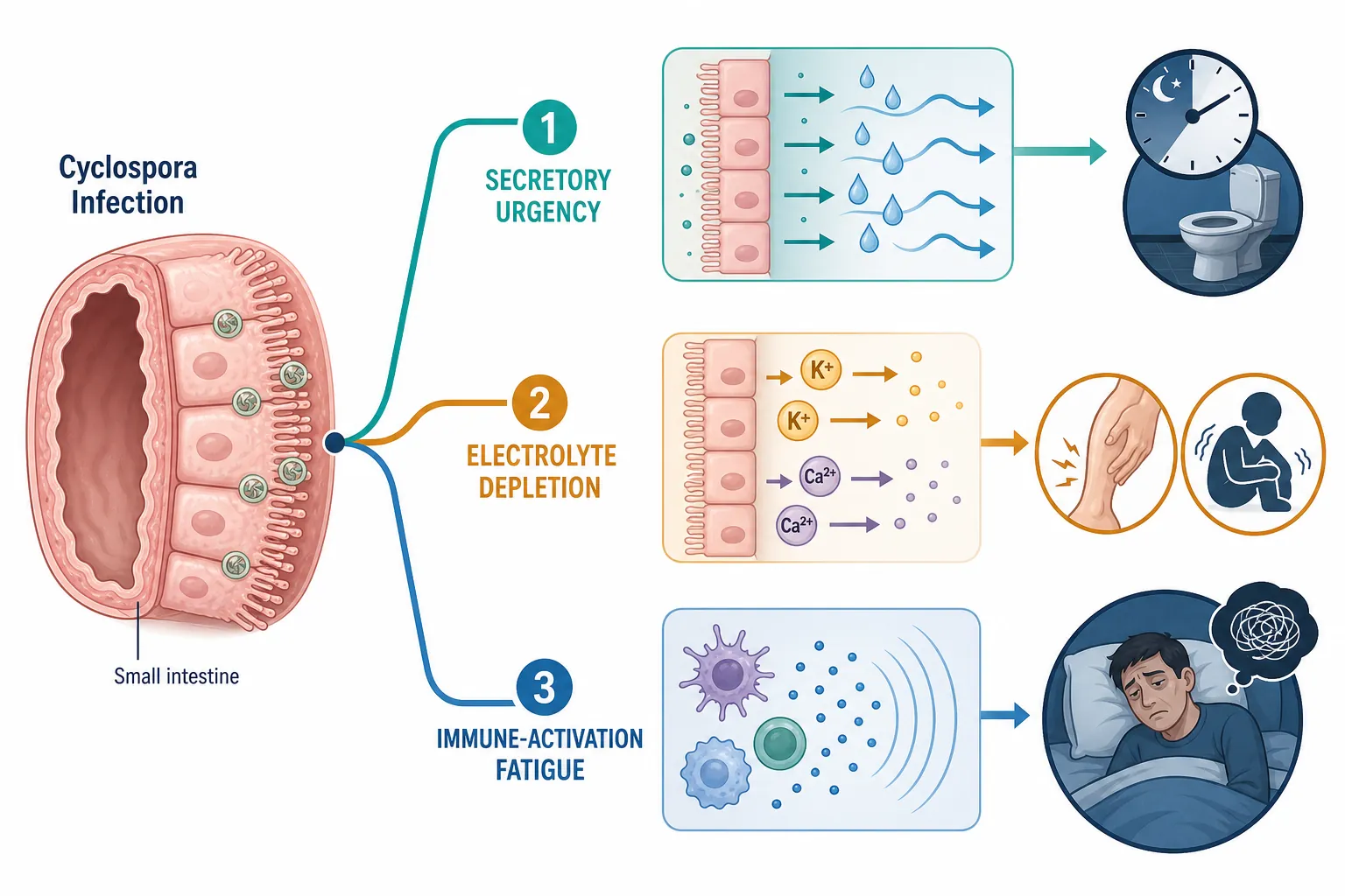 Diagram of Cyclospora affecting intestinal cells and branching into urgency, electrolyte depletion, and immune fatigue pathways