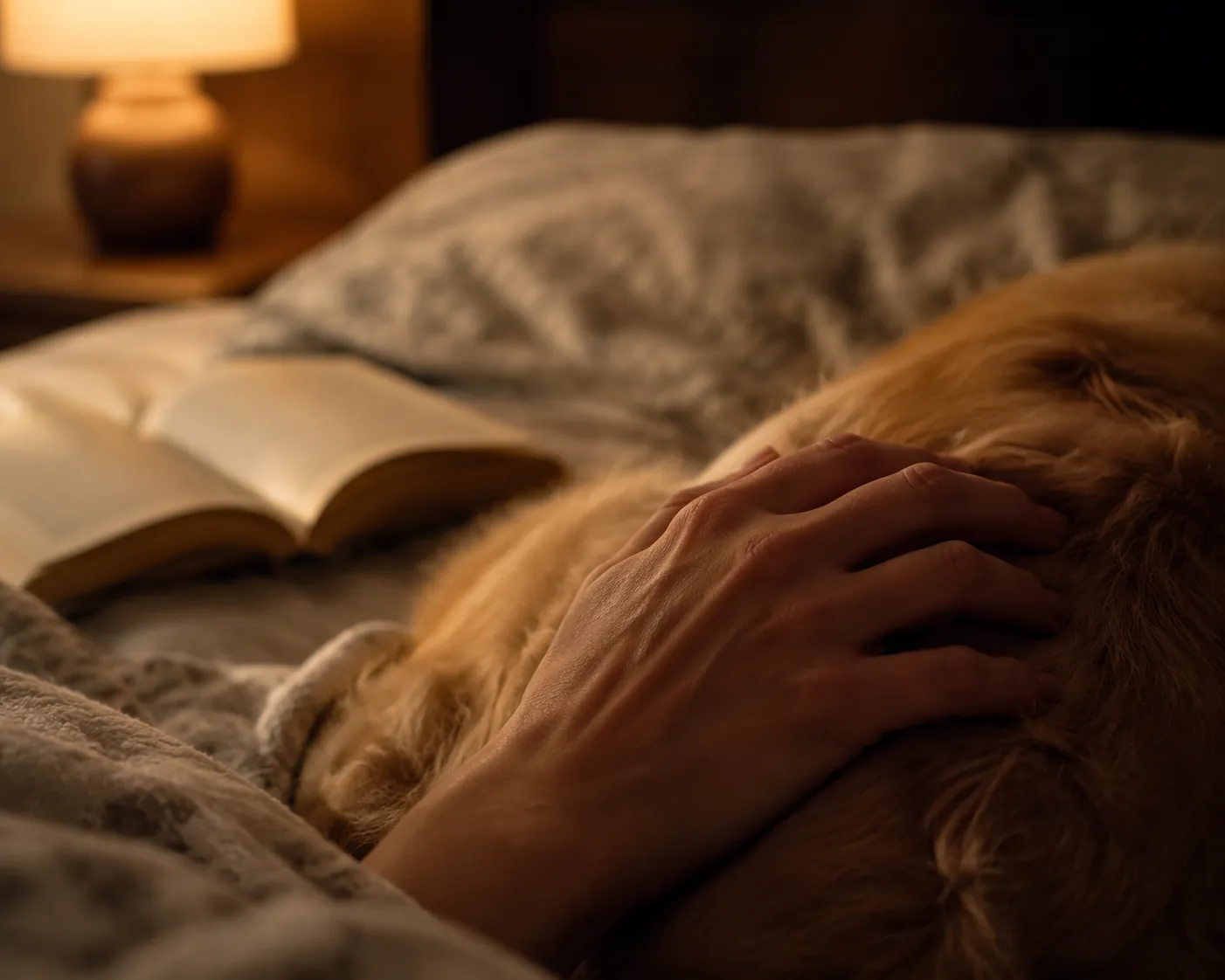 Hand resting gently on a dog's fur beside an open paperback book in dim bedroom light