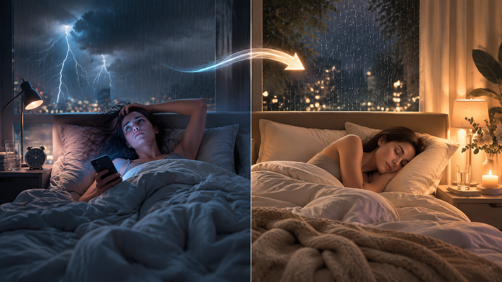 Illustration of a bed changing from a storm monitoring station into a calm sleep space